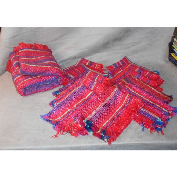 Woven Red Striped Tablecloth w/11 Matching Mats - Picture 2 of 5